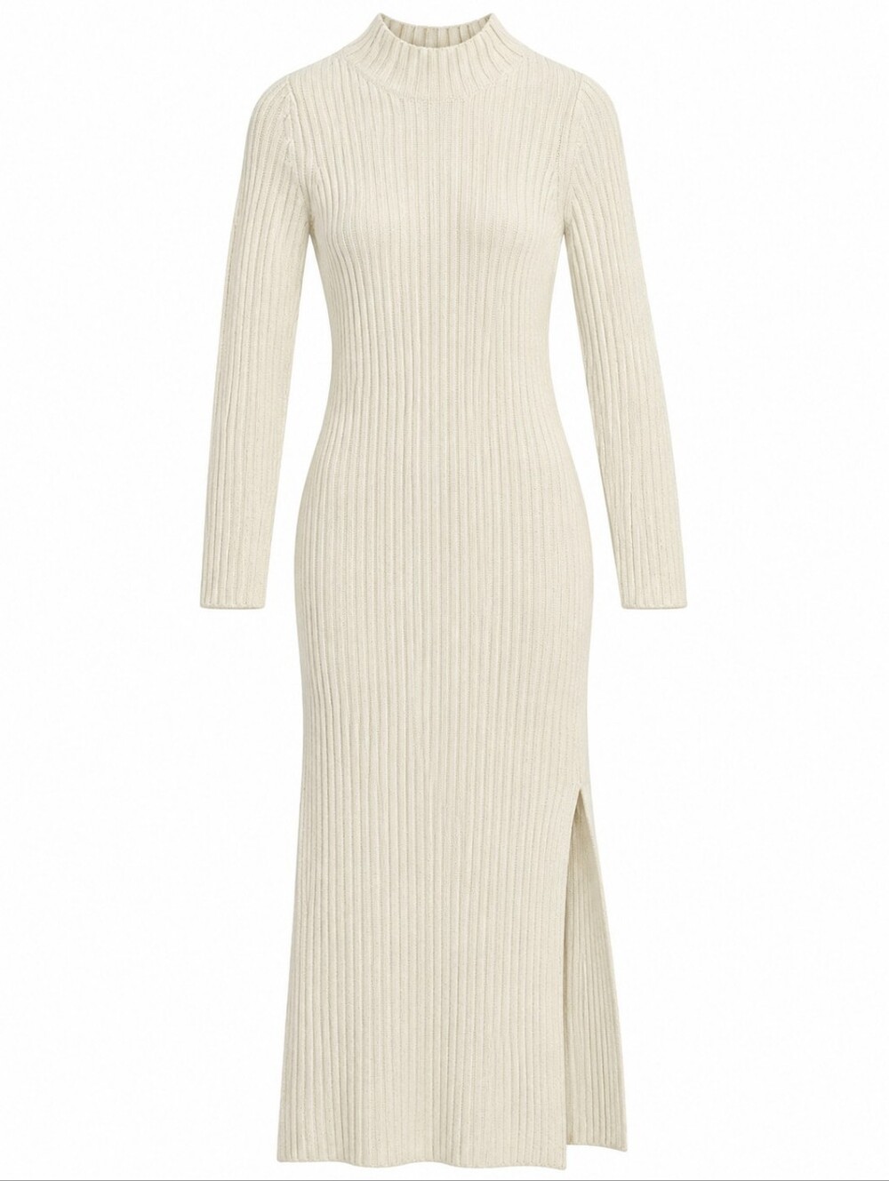 Mango Cream Ribbed Midi Dress with Mock Neck and Side Slit